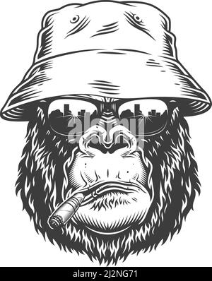 Gorilla Kopf im monochromen Stil im panama Hut. Vektorgrafik Stock Vektor