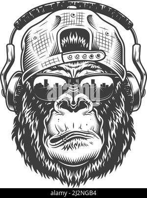 Gorilla-Kopf in monochromem Stil in Kappe und Kopfhörer. Hipster-Vektor-Illustration Stock Vektor