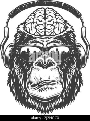 Gorilla-Kopf im monochromen Stil mit Gehirn und Kopfhörern. Vektorgrafik Stock Vektor