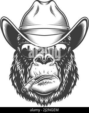 Gorilla-Kopf im monochromen Stil mit Cowboyhut und Zigarette. Vektorgrafik Stock Vektor