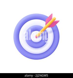 Pfeil traf die Mitte des Ziels. Geschäftsfinanzierungsziel, Erfolgsziel, Zielerreichungskonzept. 3D Vektorsymbol. Minimalistischer Cartoon-Stil. Stock Vektor