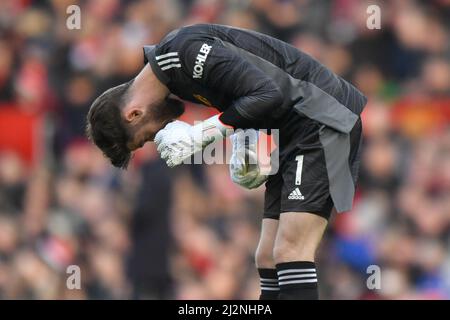 Manchester United-Torwart David de Gea beim Premier League-Spiel in Old Trafford, Greater Manchester, Großbritannien. Bilddatum: Samstag, 2. April 2022. Bildnachweis sollte lauten: Anthony Devlin Stockfoto