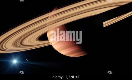 3D Render, Gasplanet im Weltraum. Saturn-Planet und Ringe aus der Nähe Stockfoto