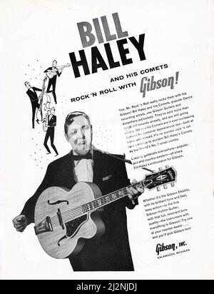 Eine Werbung für Gibson-Gitarren mit Rocklegende Bill Haley. Aus einem amerikanischen Musikmagazin von 1957. Stockfoto