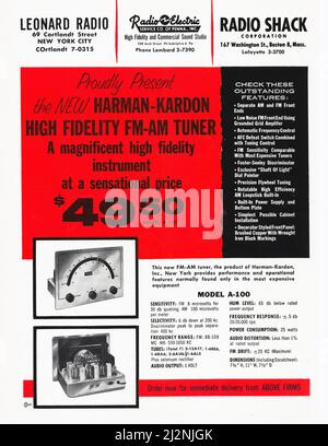 Aus einem 1954 Musik-, audiophilen, Hi-Fi-Magazin, eine Werbung für den Harmon-Kardon High Fidelity FM-am-Tuner. Stockfoto