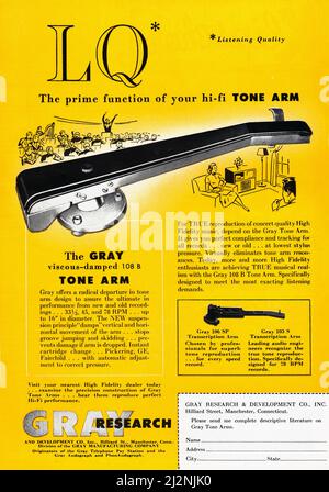 Aus einem 1954 Musik-, audiophilen, Hi-Fi-Magazin, einer Werbung für LQ-Tonarme für Plattenspieler. Stockfoto