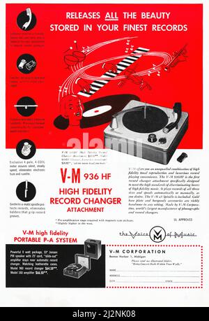 Aus einem 1954 Musik-, audiophilen, Hi-Fi-Magazin, einer Werbung für den VM High Fidelity Record Changer Stockfoto