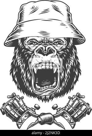 Wilder Gorilla Kopf in panama Hut mit gekreuzten Tattoomaschinen Im Vintage monochromen Stil isolierte Vektor-Illustration Stock Vektor