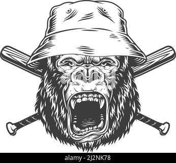 Angry Gorilla Kopf in panama Hut mit gekreuzten Baseball Fledermäuse Im Vintage monochromen Stil isolierte Vektor-Illustration Stock Vektor