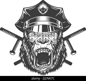 Wilder Gorilla-Kopf in Polizeimütze mit gekreuzten Schlagstöcken Vintage monochromen Stil isoliert Vektor-Illustration Stock Vektor