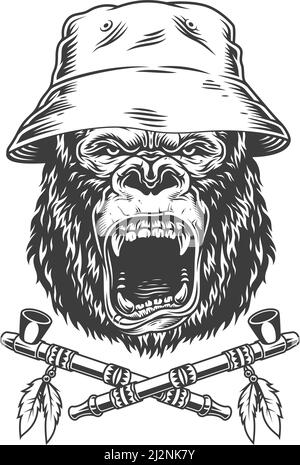 Angry Gorilla Kopf in panama Hut mit gekreuzten indianischen indische Rauchpfeifen im monochromen Vintage-Stil isoliert Vektor-Illustration Stock Vektor