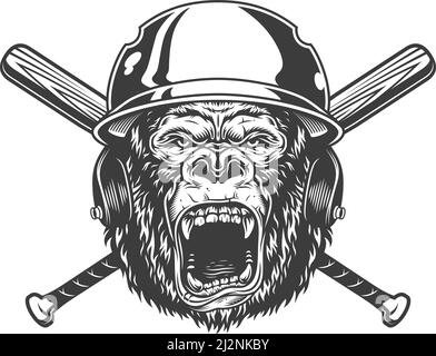 Wütend Gorilla Kopf in Baseball-Helm mit gekreuzten Fledermäuse in Vintage monochromen Stil isoliert Vektor-Illustration Stock Vektor