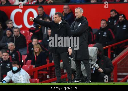 Leicester City-Manager Brendan Rodgers während des Premier League-Spiels in Old Trafford, Greater Manchester, Großbritannien. Bilddatum: Samstag, 2. April 2022. Bildnachweis sollte lauten: Anthony Devlin Stockfoto