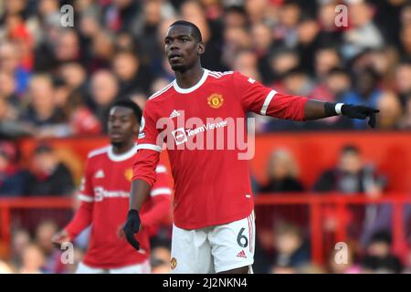 Paul Pogba von Manchester United während des Spiels in der Premier League in Old Trafford, Greater Manchester, Großbritannien. Bilddatum: Samstag, 2. April 2022. Bildnachweis sollte lauten: Anthony Devlin Stockfoto