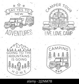 Set von Camping-Abzeichen, Patches. Camper-Tour. Leben, lieben, zelten. Camping-Zitat. Vektorgrafik. Konzept für Hemd oder Logo, Print, Stempel oder T-Shirt Stock Vektor