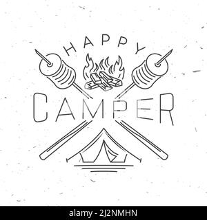 Glücklicher Camper. Glück ist getoastetes Sumpfgebiet. Vektorgrafik. Vintage Line Art Design mit Campingzelt, Lagerfeuer, Marschmarmelow Stock Vektor