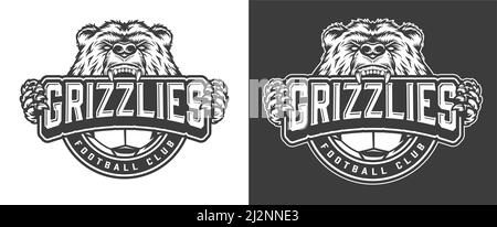 „Angry Bear Football Club“-Maskottchen-Label im monochromen Vintage-Stil Isolierte Vektordarstellung Stock Vektor
