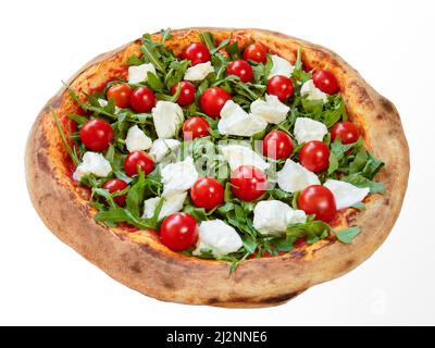 Bufala Mozzarella-Käse und frische Kirschtomaten im Ofen gebackene italienische Pizza Stockfoto