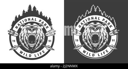 Vintage monochromen Nationalpark runden Emblem mit wütenden Bären und Mit gekreuzten Pfeilen isolierte Vektordarstellung Stock Vektor