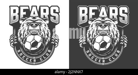 Fußball-Team wütend Bär Maskottchen Emblem mit Grizzly hält Fußball Ball in seinem Mund in Vintage monochromen Stil isoliert Vektor Abbildung Stock Vektor
