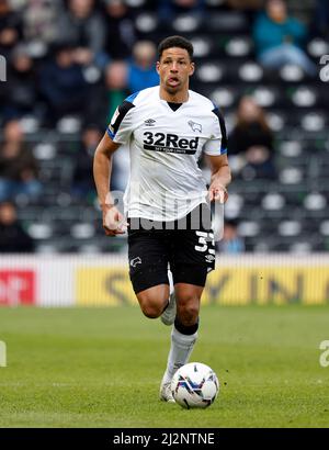 Curtis Davies von Derby County während des Sky Bet Championship-Spiels im Pride Park, Derby. Bilddatum: Samstag, 2. April 2022. Stockfoto