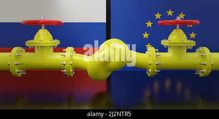 Gaskonflikt zwischen Russland und EU-Konzept. Kraftstoffleitung mit einem Knoten auf russischem und europäischem Hintergrund. 3D Rendern Stockfoto