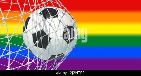 Fußball im Tornetz, Regenbogen-LGBT-Farbe Hintergrund, Nahaufnahme, Homosexuell Fußball-Sportveranstaltung, Kopierraum. 3D Rendern Stockfoto