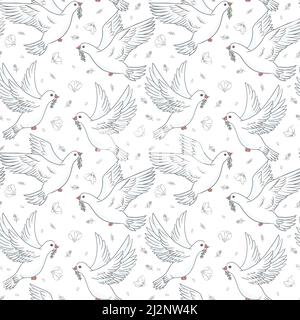 Peace Dove Nahtloses Muster auf weißem Hintergrund. Vektor-Illustration eines grünen Olivenzweiges einer weißen Taube für Web, Print Stock Vektor