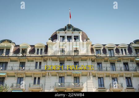 MONTREUX, SCHWEIZ - 01. SEPTEMBER 2021: Eden Palace au Lac Montreux. Hotel in Montreux Schweiz am Ufer des Genfer Sees. Stockfoto