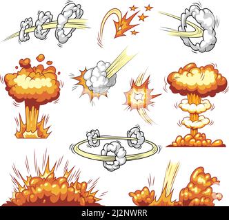 Comic bunte explosive Elemente Sammlung mit Explosionen und Boom platzt Effekte isolierte Vektordarstellung Stock Vektor