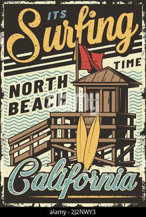 Vintage farbenfrohe Surf Sport Poster mit Surfhaus und Surfboards Auf Meereswellen Hintergrund Vektor-Illustration Stock Vektor
