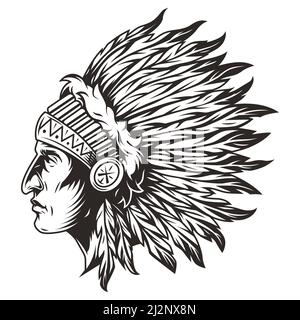 indianer Kopf mit traditionellen Federn Kopfschmuck in Vintage monochromen Stil isoliert Vektor-Illustration Stock Vektor