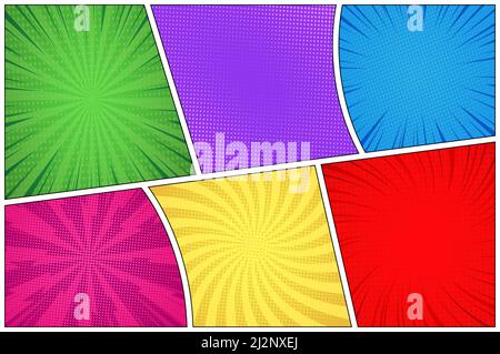 Comic-Buchseite farbenfroher Hintergrund mit radialem Halbton und Strahlen Humor Effekte Vektor Illustration Stock Vektor
