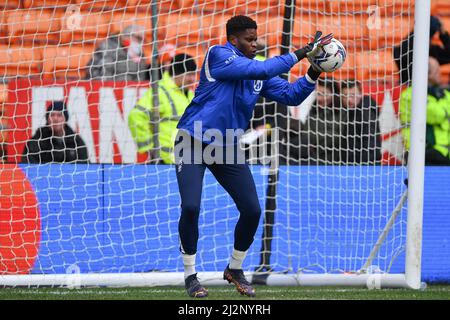 BLACKPOOL, GROSSBRITANNIEN. APR 1. Torhüter Brice Samba aus Nottingham Forest erwärmt sich am Samstag, dem 2.. April 2022, vor dem Anpfiff beim Sky Bet Championship-Spiel zwischen Blackpool und Nottingham Forest in der Bloomfield Road, Blackpool. (Kredit: Jon Hobley | MI News) Stockfoto