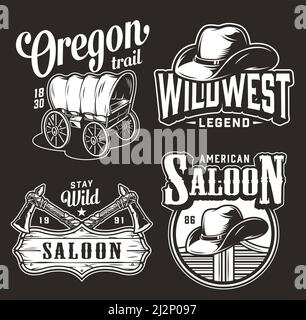 Monochrome Wild West Vintage Prints mit alten Cart Cowboy Hüten Gekreuzte Tomahawks Salon schwingende Türen und Schild isoliert Vektor-Illustration Stock Vektor