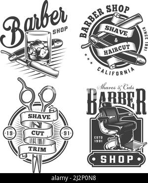 Vintage monochrome Barbershop Logos mit Glas von Whiskey Rasierer gesetzt Schere Friseurstuhl isoliert Vektor Illustration Stock Vektor