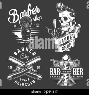 Vintage monochromen Barbershop Etiketten mit professionellen Barber-Instrumente und stilvoll Schädel auf dunklem Hintergrund isolierte Vektordarstellung Stock Vektor