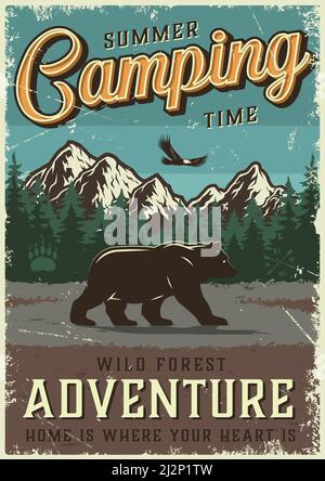 Vintage Sommer Outdoor Erholung Poster mit Wanderbär fliegenden Vogel Berge und Waldlandschaft Vektorgrafik Stock Vektor