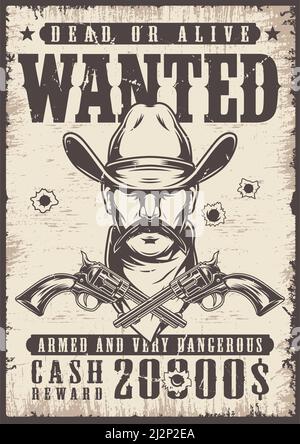 Vintage wollte Wild West Poster mit Mann in Cowboy Hut Und gekreuzte Kanonen in monochromer Vektorgrafik Stock Vektor