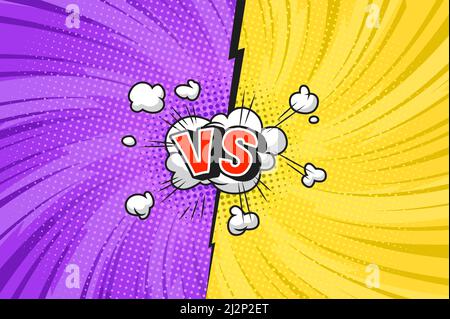 Comic Duell helle Vorlage mit Sprechblase explosive Wolken verdreht Radiale Blitze Strahlen Halbtoneffekte Sprechblase rot VS Buchstaben Auf gelb Stock Vektor