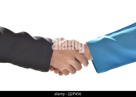 Nahaufnahme des Handshakes eines Geschäftsmannes isoliert auf weißem Hintergrund. Business Partnership Meeting Konzept. Stockfoto
