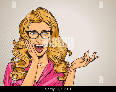 Pop Art überrascht blonde Haare Frau in rosa Kleid mit Brillen und offener Mund auf grauer Halbton-Vektorgrafik Stock Vektor
