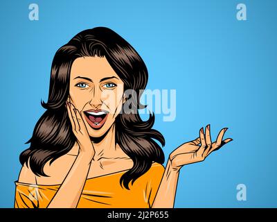 Comic schöne überrascht Frau mit schwarzen Haaren auf blauem Hintergrund vektorgrafik Stock Vektor