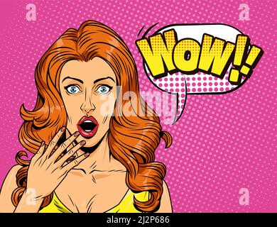 Comic überrascht hübsche Mädchen Konzept mit roten Haaren Sprechblase Wow Aufschrift auf rosa Halbton Hintergrund Vektor-Illustration Stock Vektor