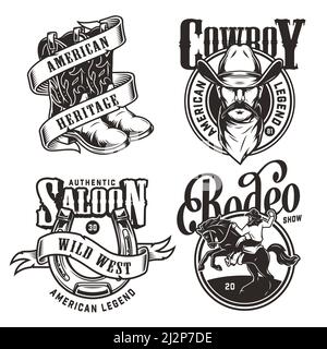 Vintage Wild West Embleme mit Cowboy Kopf in Hut und Schal Hufeisenband um Cowboy Stiefel Reiter und Pferd in Isolierter Vektor i im monochromen Stil Stock Vektor