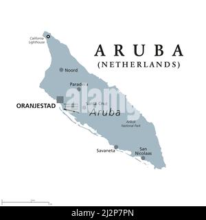 Aruba, graue politische Landkarte. Insel in den Leeward Antillen in der Karibik. Konstituierendes Land des Königreichs der Niederlande, Hauptstadt Oranjestad. Stockfoto