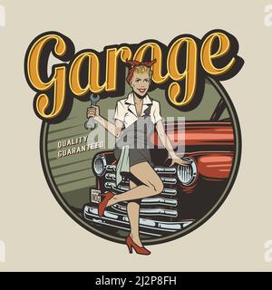 Oldtimer-Reparatur-Service-Label mit Pin-up Frau hält Schraubenschlüssel und Stehen in der Nähe von Automobil isoliert Vektor-Illustration Stock Vektor