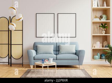 Mock up zwei Poster-Rahmen in modernen Innenraum Hintergrund mit Sofa und Accessoires im Zimmer.3D Rendering Stockfoto