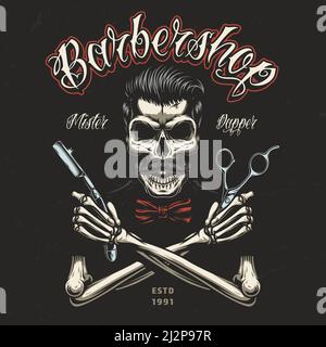 Vintage Barbershop farbenfrohe Abzeichen mit Skelett Hände halten Friseur Werkzeuge Und Schädel mit trendigen Frisur und Schnurrbart isoliert Vektor-Illustration Stock Vektor