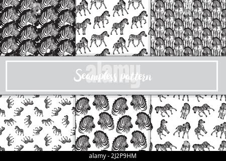 Set Zebra Hintergrund Muster nahtlos. südafrikanisches Zebra-Nahtloses Muster. Handgezeichnete nahtlose Musterdarstellung mit Safari-Tieren. Stock Vektor